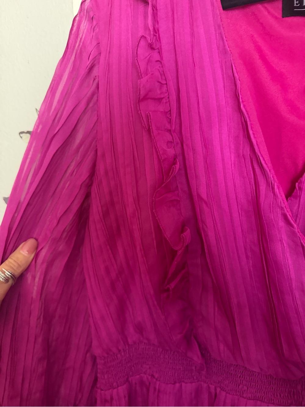 Eloquii Bold Fuchsia Long Sleeve Ruffled V-Neck Midi Dress - Picture 4 of 7